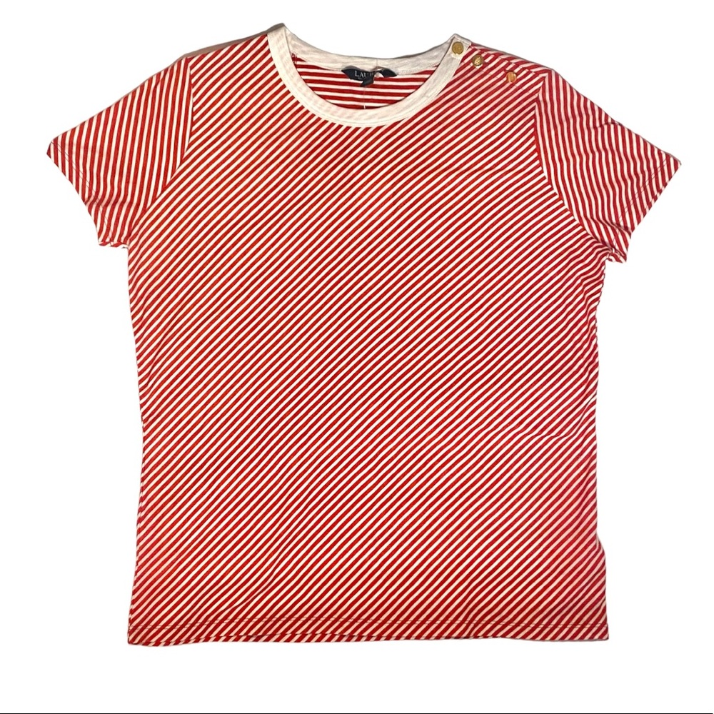 NWT Lauren Ralph Lauren Red and White Stripped Cotton Short Sleeve Shirt Size L